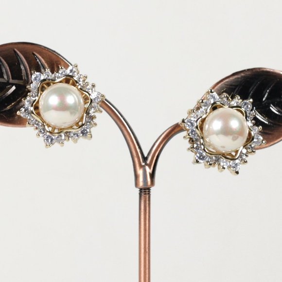 Sterling Silver 925 Faux Pearl CZ Starburst Gold Plated Earrings Signed PAJ - Picture 2 of 7